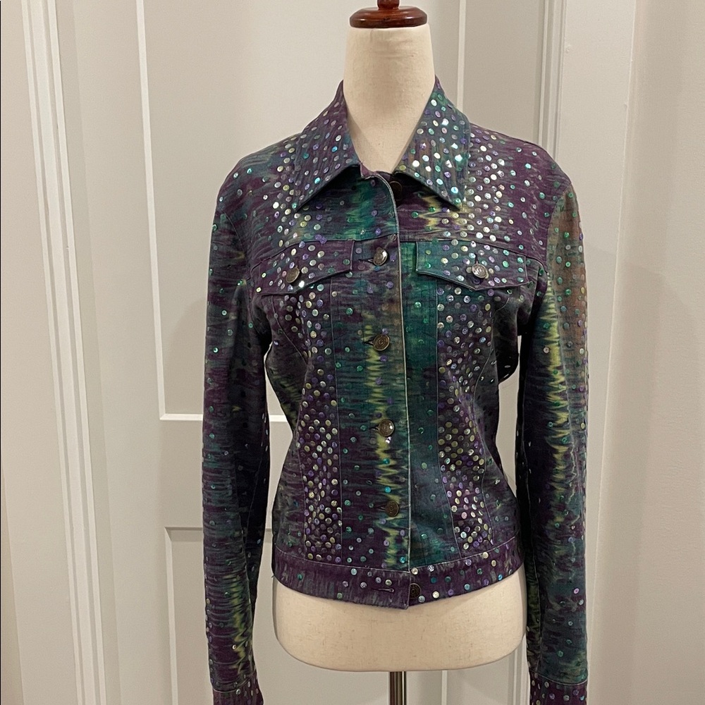Oleg Cassini Sequin Purple and Green Jean Jacket